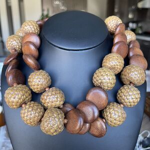 Retro Large Chunky Wooden Beaded Necklace Boho 70's Vibe 34” Length